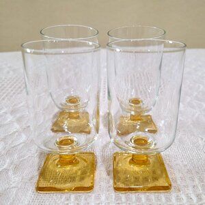 MCM Nordic Topaz Federal Glass Amber Clear Footed Set of 4 - MINT - 4.5" Tall
